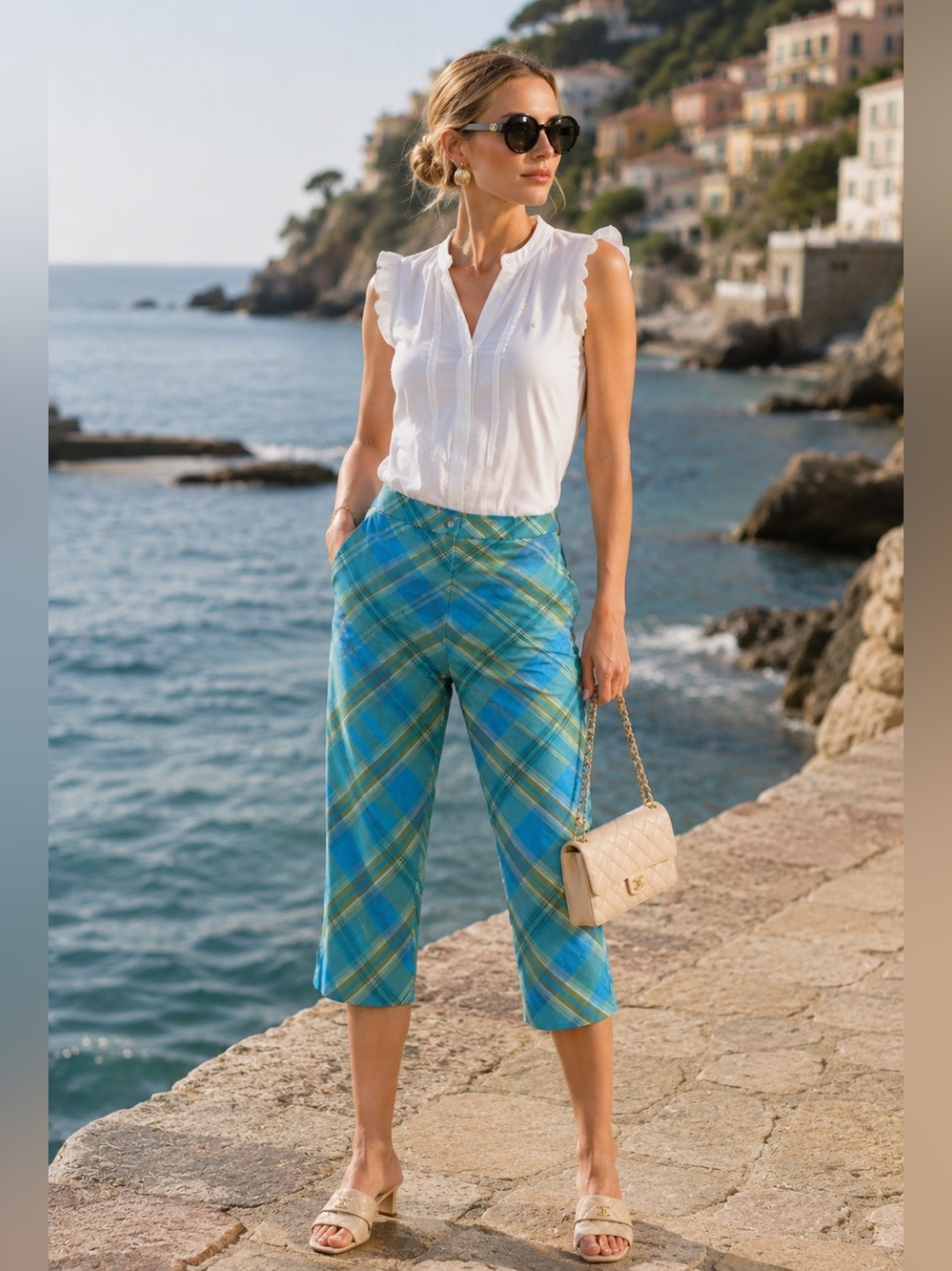 St. John Sport Blue Yellow Plaid Capris Cropped Pants Size 8 Vintage Preppy